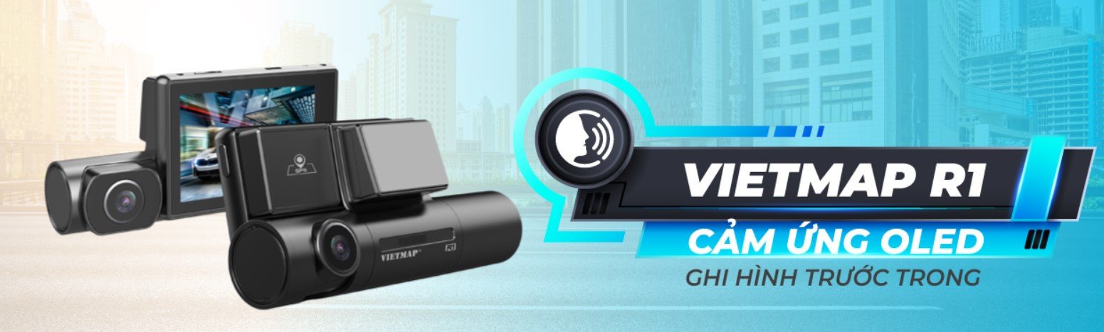 Camera hành trình VIETMAP R1 với thiết kế camera kép, ghi hình cả trước và trong xe, hỗ trợ hồng ngoại quay đêm hiệu quả.