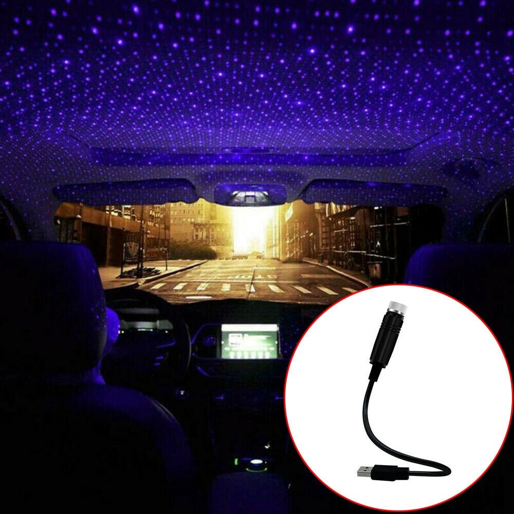 Đèn LED chiếu sao màu xanh dương trong khoang nội thất ô tô, tạo không gian lãng mạn và độc đáo khi trang trí xe.