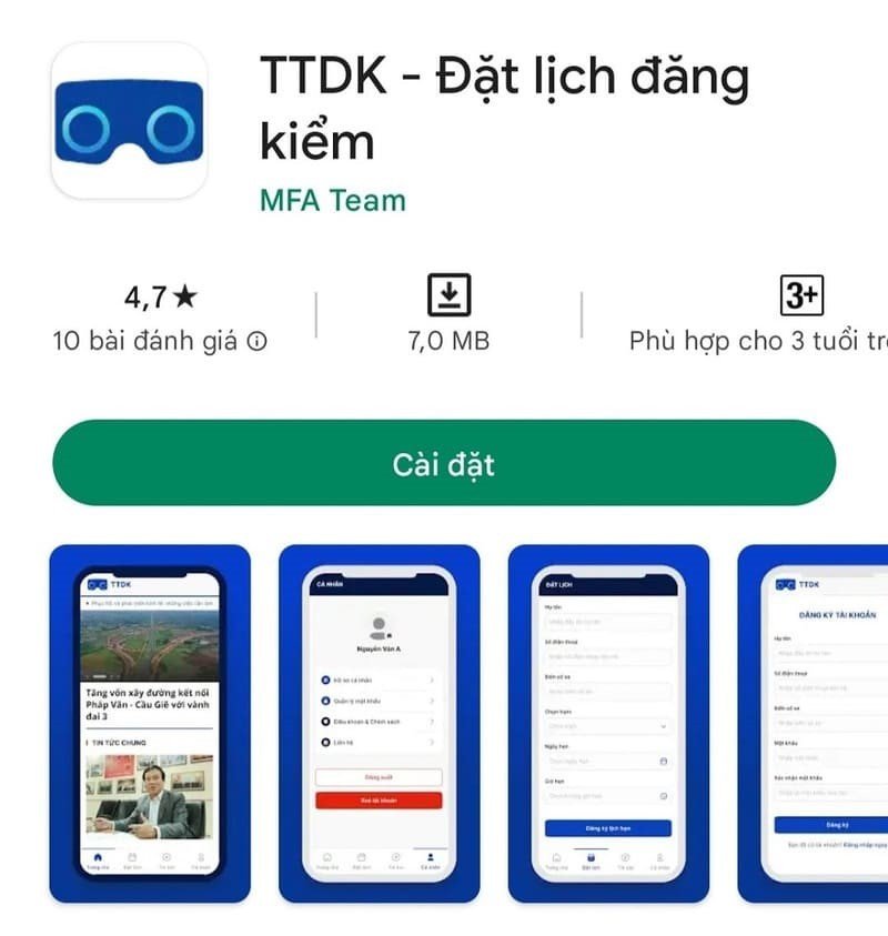 Giao diện ứng dụng đặt lịch đăng kiểm online trên điện thoại