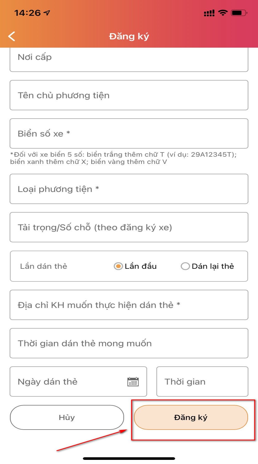 Giao diện ứng dụng di động hiển thị các bước đăng ký thu phí không dừng ePass trực tuyến.
