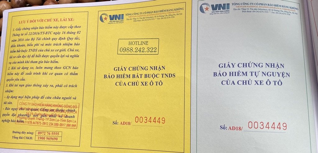 Giấy chứng nhận sau khi đã hoàn tất mua bảo hiểm