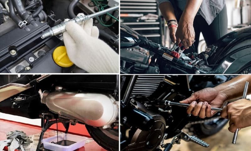 Kỹ thuật viên đang kiểm tra động cơ xe máy, nhấn mạnh việc bảo dưỡng định kỳ giúp phòng tránh tình trạng rò rỉ dầu nhớt