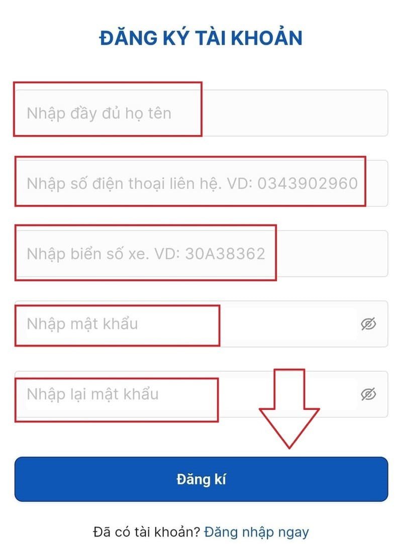 Màn hình đăng ký tài khoản để đặt lịch đăng kiểm trực tuyến