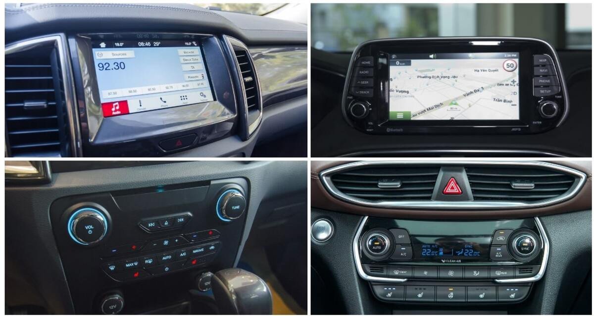 Màn hình giải trí trung tâm và các nút điều khiển tiện ích trên Hyundai Santa Fe 2019
