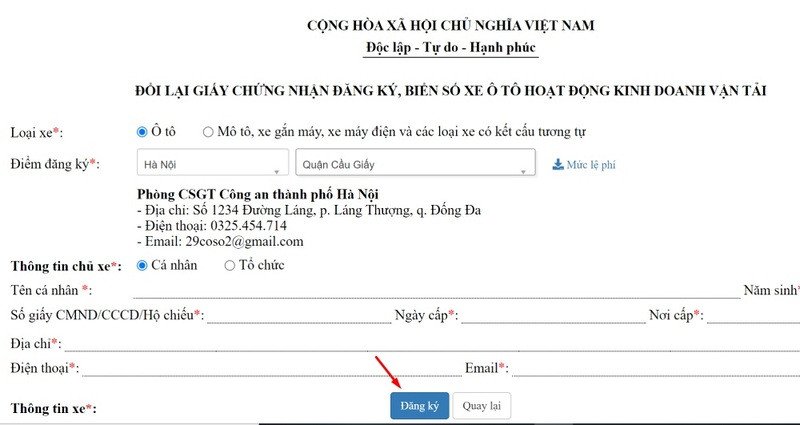 Mẫu tự khai thông tin trực tuyến để chuyển đổi sang biển số màu vàng