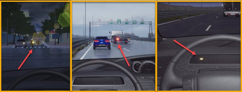 Ô tô chạy trên đường cao tốc với đèn pha bật sáng