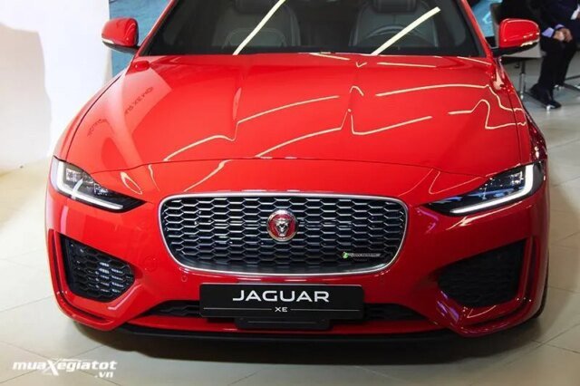 Phần đầu xe Jaguar XE với lưới tản nhiệt hình thang và đèn pha LED sắc nét