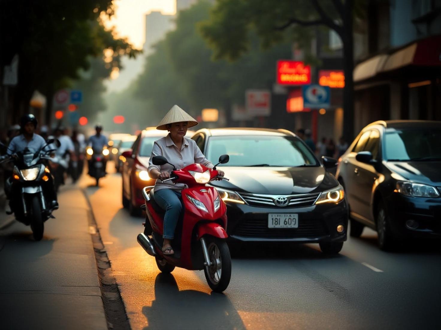 Xe máy tạt đầu ô tô trên đường phố đông đúc gây nguy hiểm