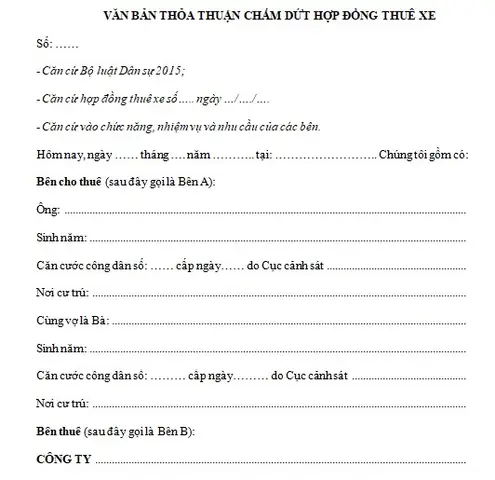 Biên Bản Chấm Dứt Hợp Đồng Thuê Xe Ô Tô Biên Bản Chấm Dứt Hợp Đồng Thuê Xe Ô Tô