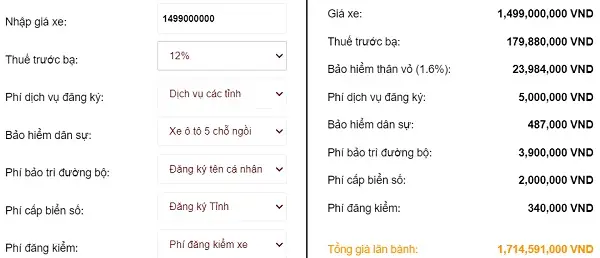 Công Cụ Tính Giá Lăn Bánh Xe Ô Tô - Dự Toán Chi Phí Lăn Bánh Xe Ô Tô