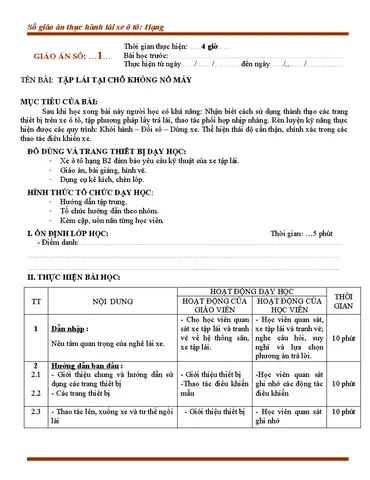 Giáo Án Thực Hành: Tập Lái Xe Tại Bãi Phẳng (hạng B2 ...