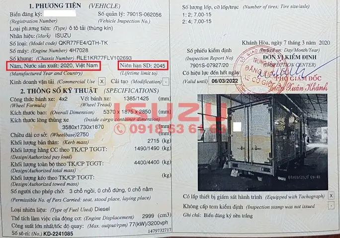 Sổ Đăng Kiểm Xe Tải Isuzu Qkr 230 270 Sản Xuất Đời 2020
